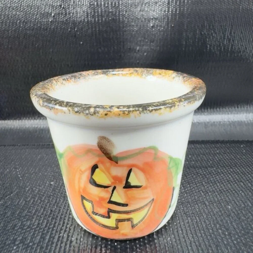 2002 Emerson Creek Pottery Pumpkin‎ Tea Light Candle Votive Holder Cup Vintage